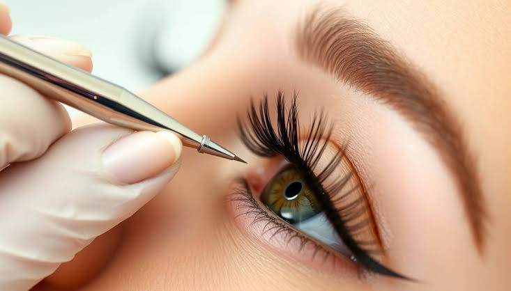 Lash artist using tweezers to select the right eyelash extension diameter